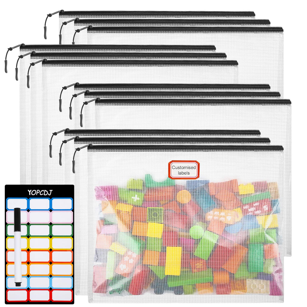 YOPCDJ 12pcs Mesh Zipper Pouch Bags, A4 Puzzle Bag for Organizing Storage Bag, File Bags for Office, Board Games and Home Supplies