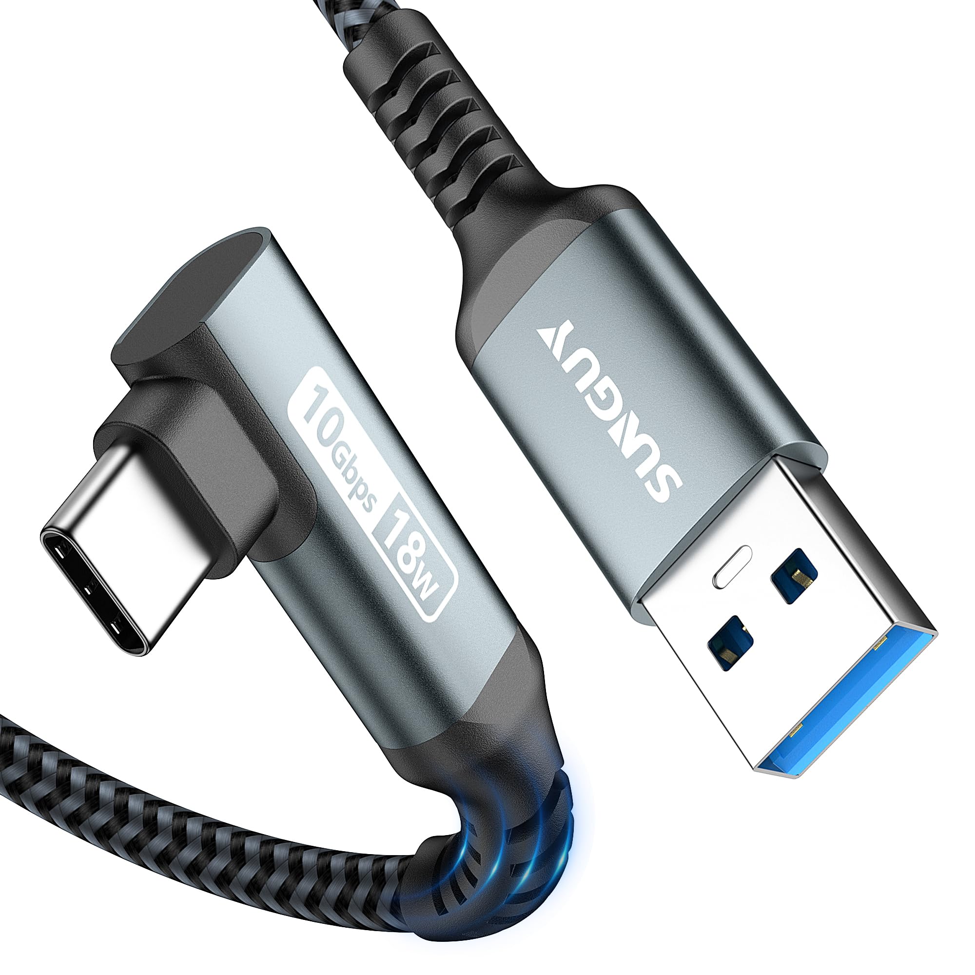 SUNGUY USB C Cable Right Angle 4FT, 10Gbps USB 3.1 Gen 2 to USB C Data Cable Compatible with iPhone 16/15 Series, Android Auto, Samsung Galaxy S24/S23, SSD, Huawei P30/P20, i-Pad Pro-Grey