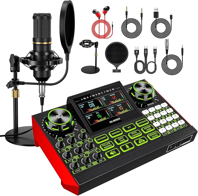 podcast equipment bundle, Live Sound Card with Audio Interface, All-in-One Audio Mixer with Voice Changer, Condenser Microphone for Live Streaming, Singing, Gaming, and Content Creation.