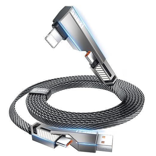 4-in-1 Long USB C Cable 10FT Compatible with Lightning Cable 90 Degree Fast Charging Flat Nylon Braided for iPhone/iPad Charger Cord Multi Charge Cord with L/USB C/USB A Ports, Grey