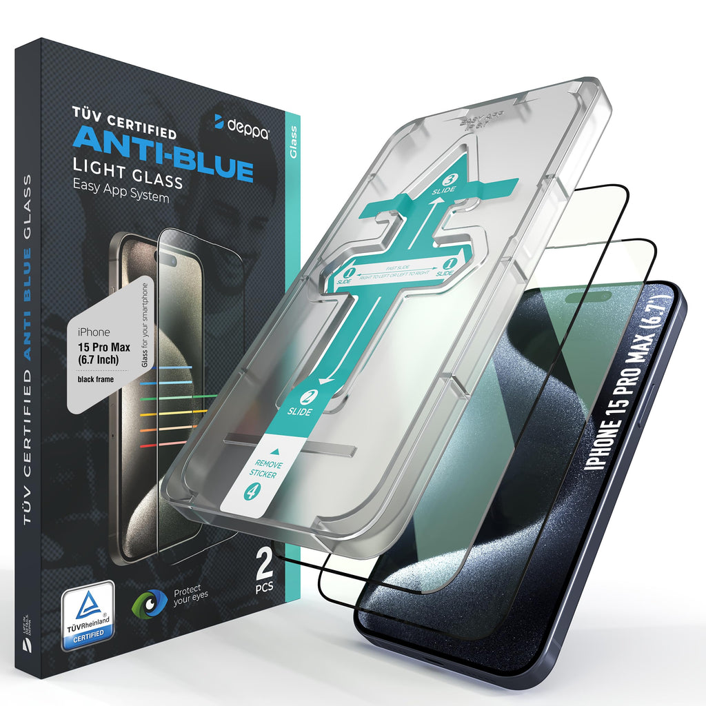 Deppa |2 Pack| Anti-Blue Light Screen Protector for iPhone 15 Pro Max (6.7") | Scratch Resistant Tempered Glass | 3D Edge to Edge Coverage | Easy Installation Kit | Eye Safeguard TÜV Certified