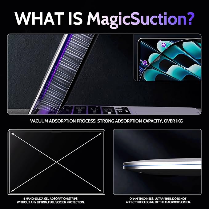 Privacy Screen for MacBook Air 13.6/13 Inch (2022-2025, M2, M3, M4) - A2681, A3113, A3240 MagicSuction™ Removable Anti Spy Black Protector, Glare Blue Light Filter for Mac Laptop Computer