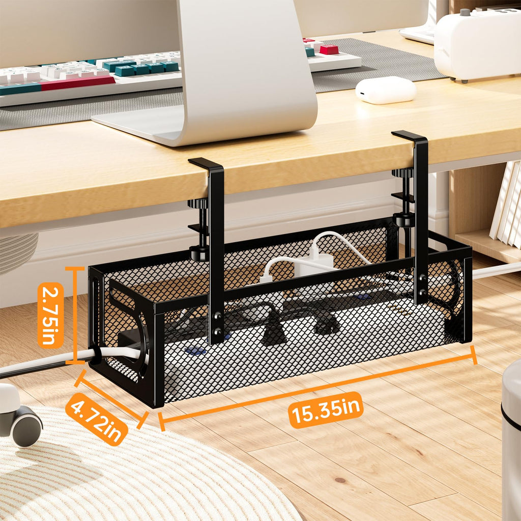 Under Desk Cable Management Tray, 15.7'' No Drill Steel Desk Cable Organizers, Wire Management Tray Cable Management Rack (1 Pack-Black)