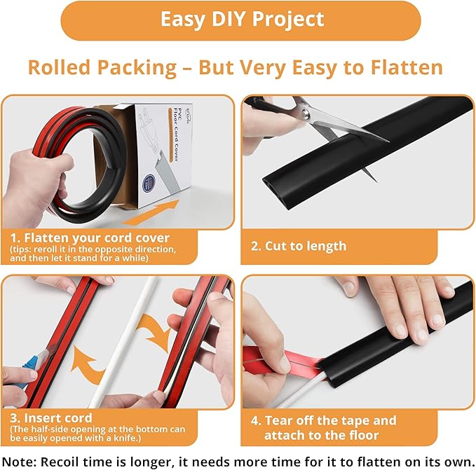 12ft Cord Cover Floor for Extension Cords, Self-Adhesive Floor Cable Cover to Protect Cables & Prevent Tripping, PVC Cord Hider Protector, Internal Wire Management Channel Diameter: 0.39", Brown