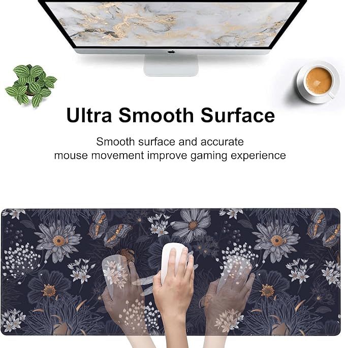 Wildflowers and Insects Desk Mat,Large Cute Flowers Butterflies and Dragonflies Gaming Keyboard Mouse Pad,Non-Slip Rubber Base Desk Pad Thick Stitched Edges Waterproof Mousepad Mouse Mat 31.5"x11.8"