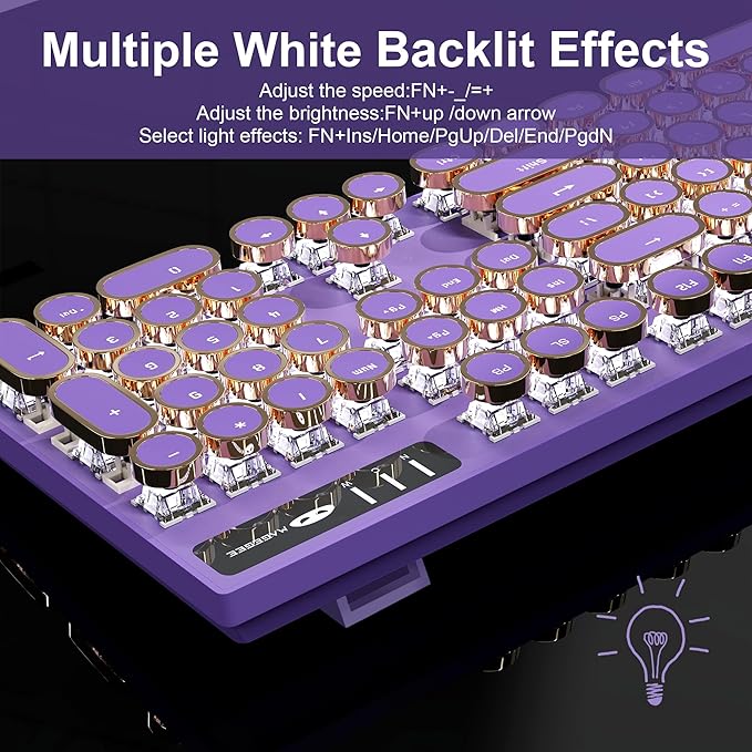 MageGee Typewriter Mechanical Gaming Keyboard, Retro Punk Purple Round Keycaps, 104 Keys LED White Backlit Wired Keyboards for Laptop MAC PC Gamer, with Magnetic Wrist Rest, Blue Switch