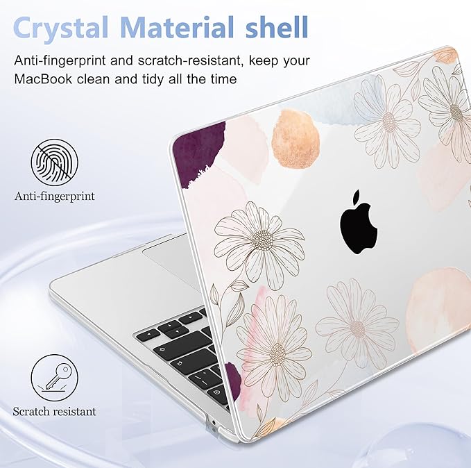 Case for MacBook Air 15 Inch 2025 2024 2023 Release M4 A3241 M3 A3114 M2 A2941, Hard Shell with Screen Protector & Keyboard Cover, Compatible with Touch ID - Floral