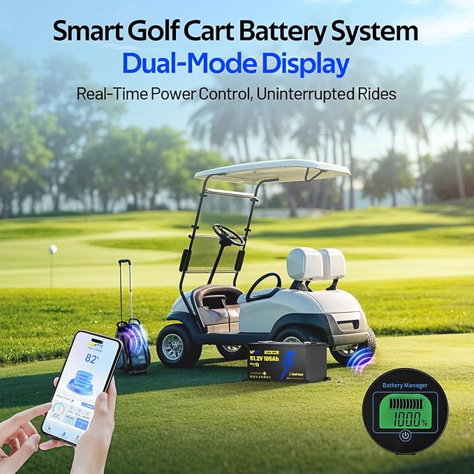 48V(51.2V) 105Ah LiFePO4 Lithium Golf Cart Battery with 48Volt 15A Charger Built-in 200A BMS & Bluetooth, Range of 70 Miles 600A Peak Current for Golf Cart Deep Cycles Batteries Kit