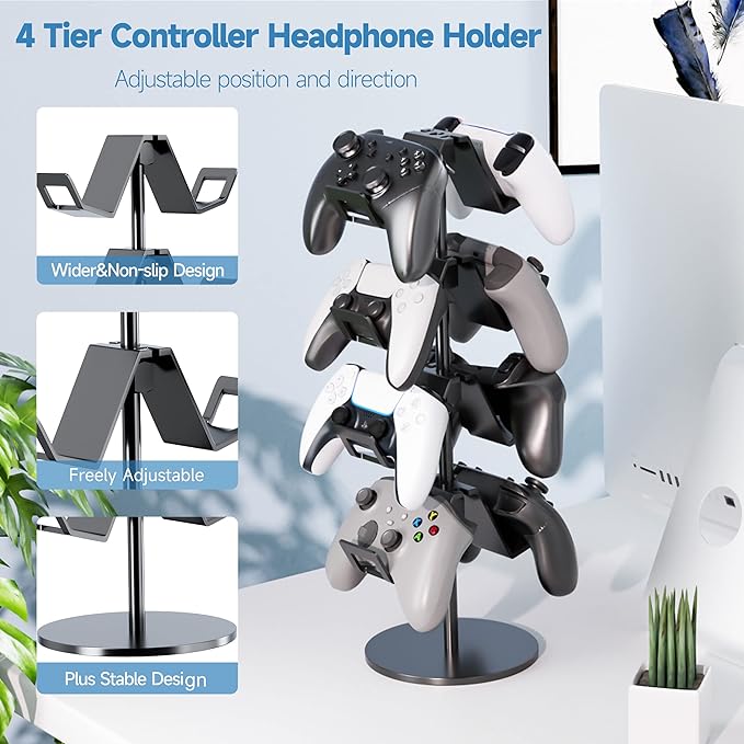 Controller Holder 4 Tier,Headphone Stand - Adjustable Headset Holder for Xbox PS5 PS4 Switch Pro - Gaming Storage for Universal Game Accessories,Desk/Floor(Black)