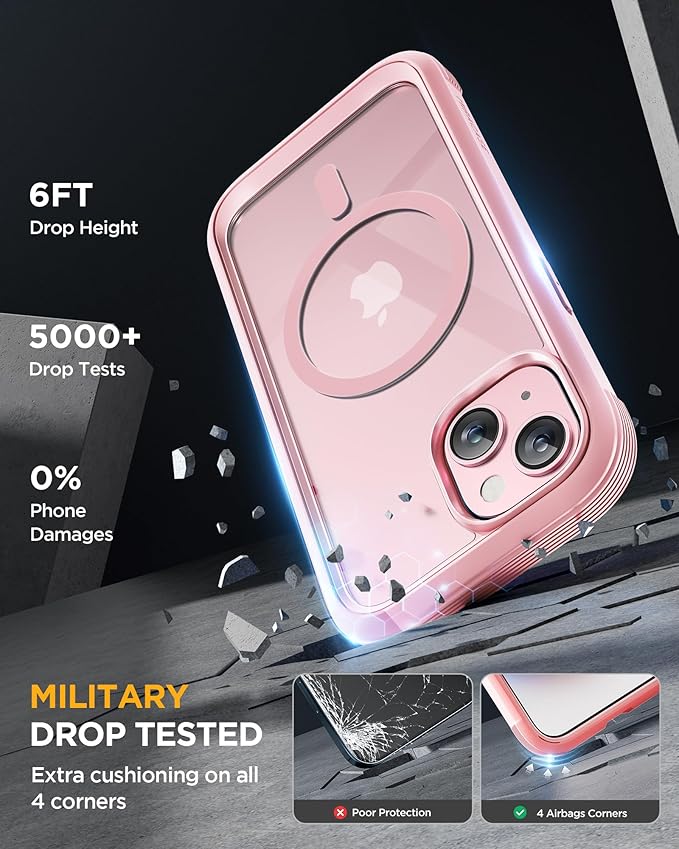 Miracase Glass Series for iPhone 15 Case [Compatible with MagSafe] Full-Body Magnetic Case with Built-in 9H Tempered Glass Anti-Fingerprint Screen Protector + Camera Lens Protector, Pink and Clear