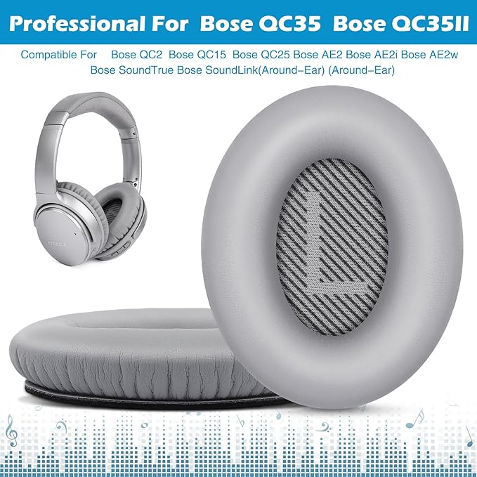 Ear Pads for Bose QuietComfort 35 ii, Premium Softer Leather Replacement Pads for Bose QC35 QC35ii Headphones Ear Pads Quiet Comfort, Noise Isolation Foam, Added Extra Thickness (Silver)