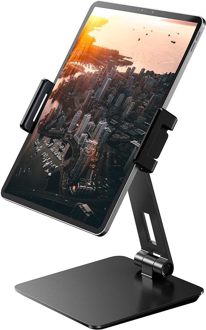 Maxonar iPad Stand Holder, Heavy-Duty Aluminum Alloy Tablet Stand, 360° Swivel Foldable iPad Pro Air Charging Stand Holder for Desk Bed Store POS Showcase Reception Kitchen Office (6-13''), Grey