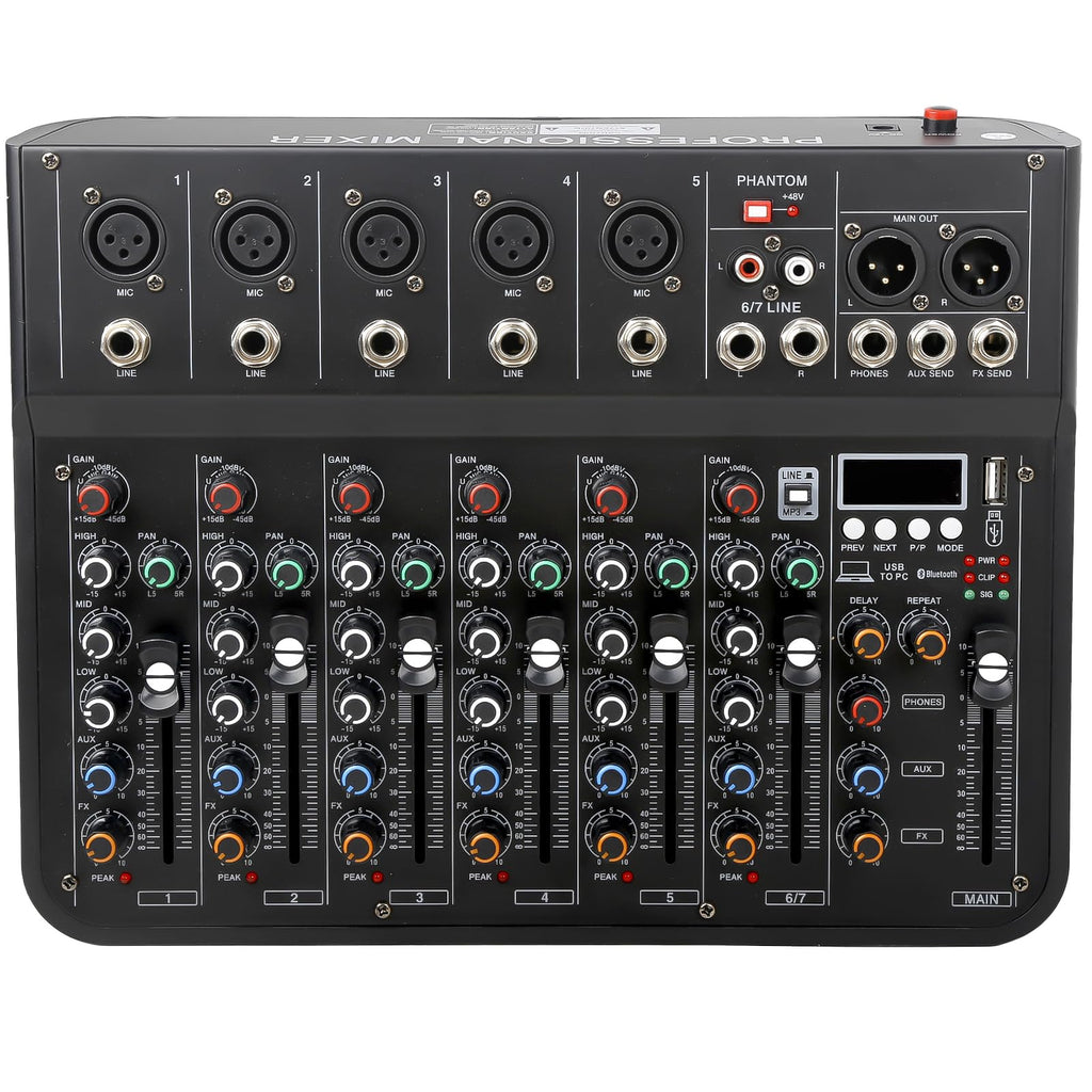 Jindaaudio 7 Channel mixer, DJ Mixer Board, Audio Sound Card with Interface Recording and 48V Phantom Power, Sounds Mixer Board with FX Reverb Delay Effect for Streaming