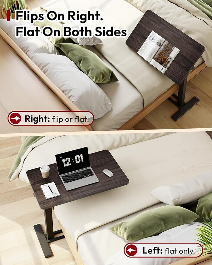SANODESK Medical Adjustable Overbed Bedside Table with Casters 90° Tilt Top Pneumatic Mobile Rolling Laptop Computer Standing Desk Cart with Tray, Hospital and Home Use(27.6" W x 15.7" D,Rustic Brown)