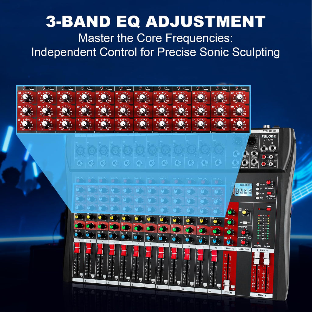 FULODE 12 Channel Audio Mixer, Professional Music Mixer Board DJ Mixing Console with Bluetooth, USB/MP3 Player, Reverb, and 48V Phantom Power for Studio Recording, Karaoke, and Live Performances