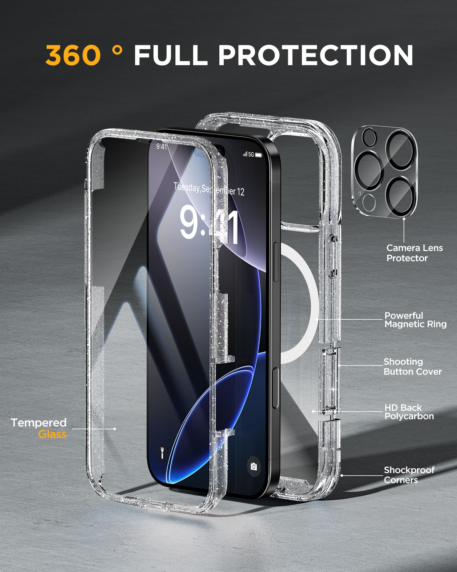 Miracase for iPhone 16 Pro Max Case 6.9'', [Bubble Free] Full-Body Bumper Phone case with Built-in Full Glass Screen &Lens Protector,Compatible with MagSafe,Drop Proof 16 Pro Max Cover,Clear Glitter