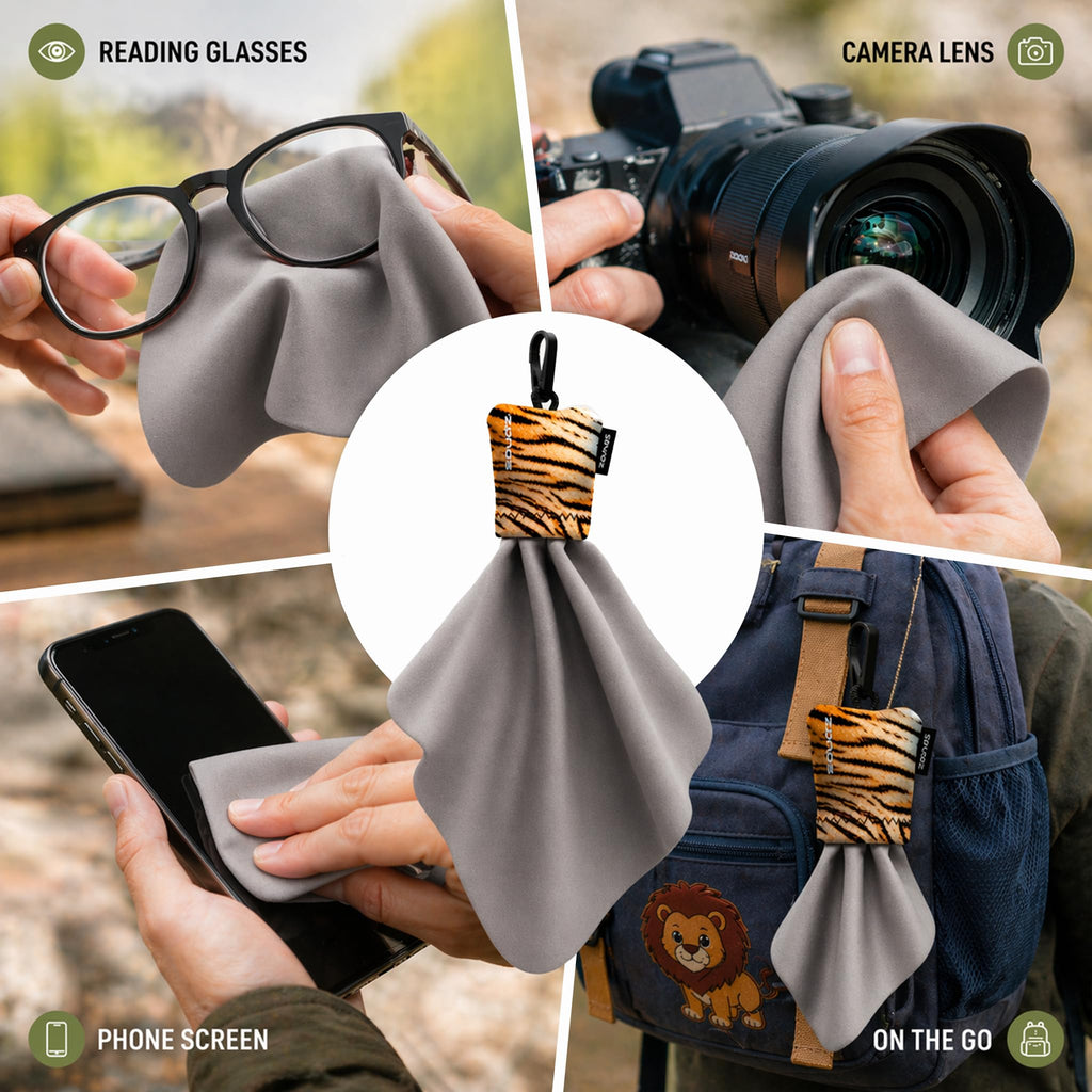 SPUDZ Classic Microfiber Lens Cleaner – Clip-On Pouch, Washable – for Binoculars, Scopes, Glasses, Screens | Classic | Fish Assort, 6 x 6 Inch
