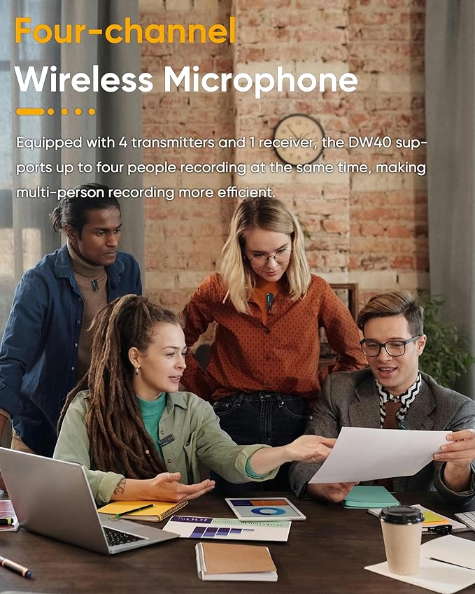 7RYMS iRay DW40 Wireless Lavalier Microphone System with 4 Transmitter, Noise Cancellation, 656ft Range, 12.5H Working, Lapel Mic for iPhone Android Camera PC, Podcast Live Streaming Interview