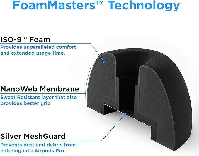 Foam Masters Memory Foam Ear Tips for AirPods Pro 1st & 2nd Gen | Comfortable | Secure | Better Noise Cancellation | Version 3.0 Replacement Buds (Large - 3 Pairs, Black)