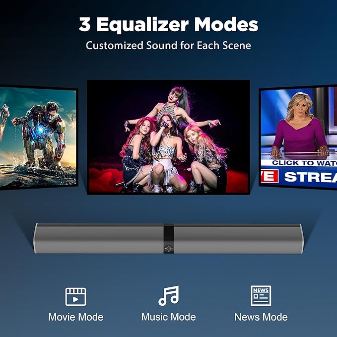 Sound Bar, 80W Soundbar with Bluetooth/ARC/Opt/AUX Connect, with Volume Boost, 3 Equalizer Modes, 2 in 1 Detachable Soundbar for TV/PC/Gaming/Projectors