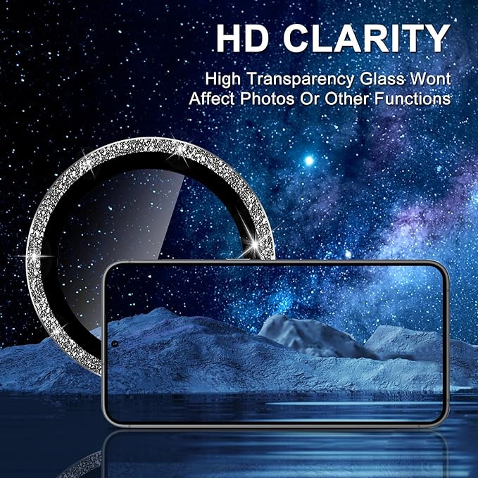 for Samsung Galaxy S25 Plus Camera Lens Protector, Individual Metal Ring Tempered Glass Lens Cover, [Strong Adsorption] Scratch Resistant Ultra-Thin HD Clear Lens Cover, 1 Set-Black Sparkly