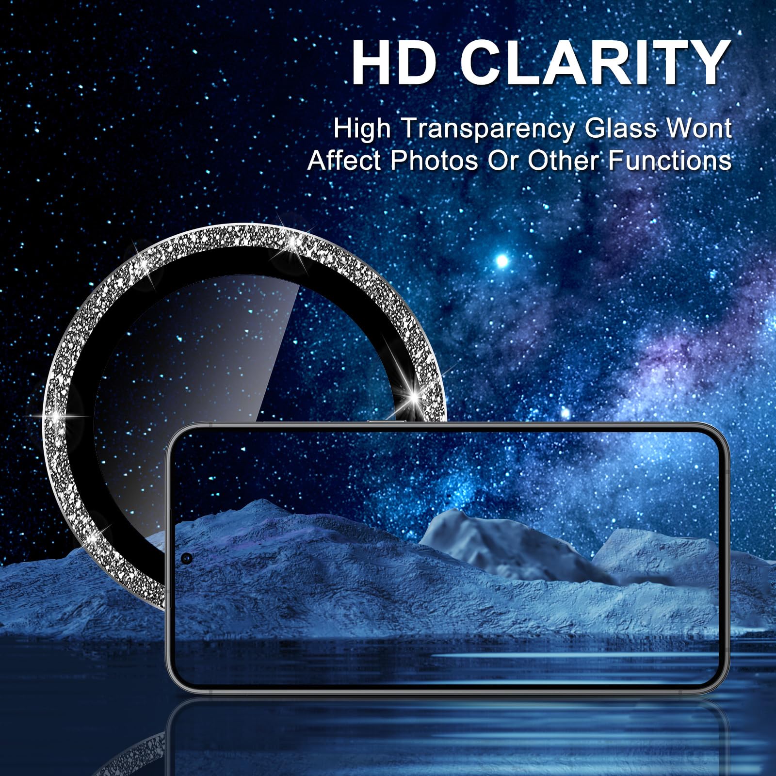 Avocase for Samsung Galaxy S25 Camera Lens Protector, Individual Metal Ring Tempered Glass Lens Cover, [Strong Adsorption] Scratch Resistant Ultra-Thin HD Clear Lens Cover, 1 Set-Black Sparkly