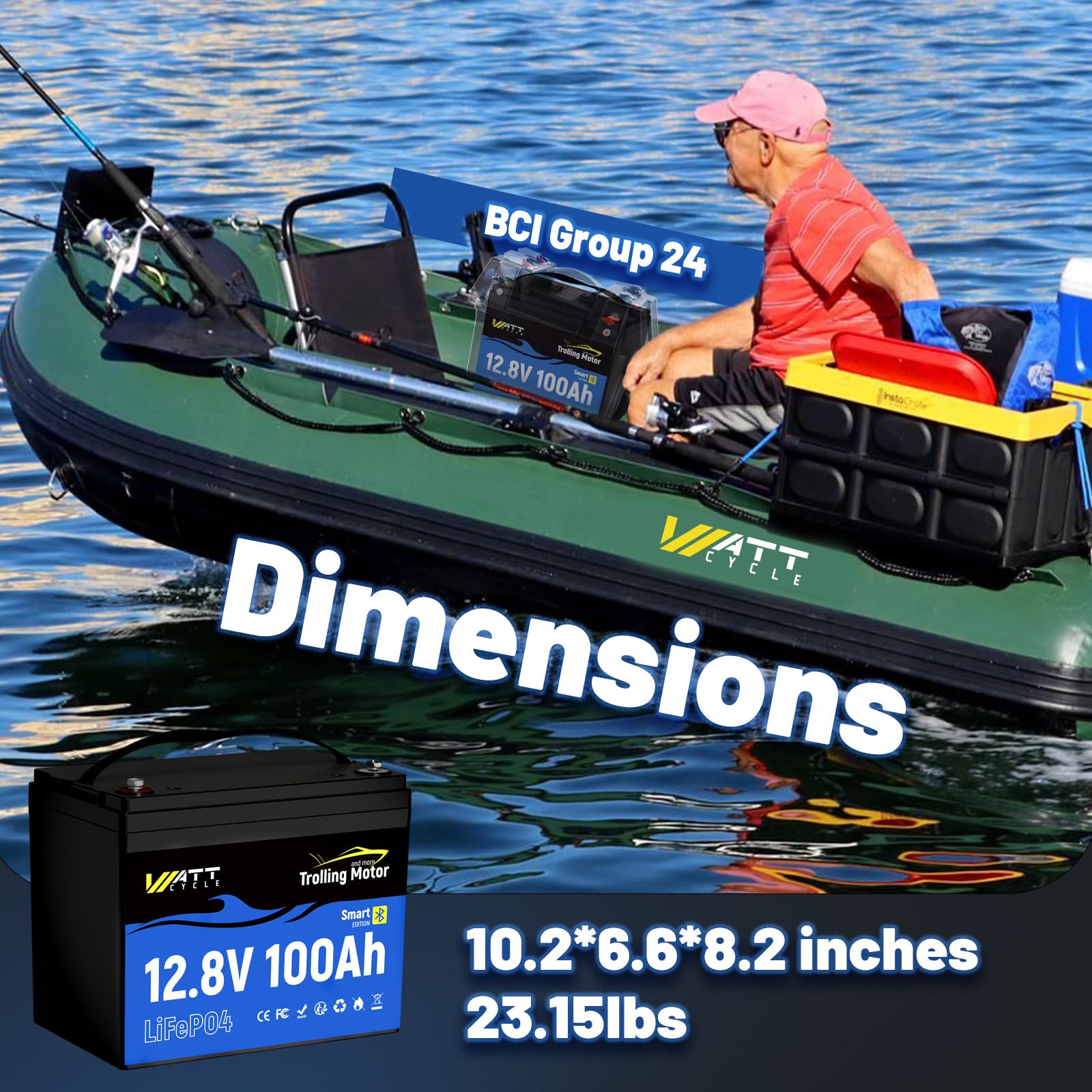 WattCycle 12V 100Ah LiFePO4 Battery, Group 24 Lightweight Lithium Battery with 120A Smart BMS, IP67 Waterproof, Bluetooth Monitoring Battery for RV, Boat, Solar, Off-Grid Backup Power