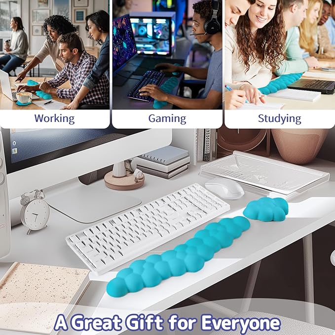 Cloud Wrist Rest for Keyboard and Mouse, Memory Foam PU Leather Keyboard Wrist Rest with Ergonomic Support, Non-Slip Base, Cute Arm Rest Pad & Palm Cushion, Office Desk Accessory, Scuba Blue
