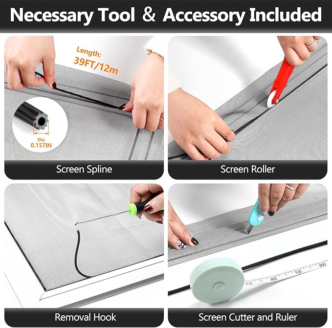 Window Screen Door Repair Kit, 59" x 159" Screen Door Mesh Replacement Kit, Durable Fiberglass Mesh Roll with Tools for Windows Doors Patio and Porch Replacement, Black