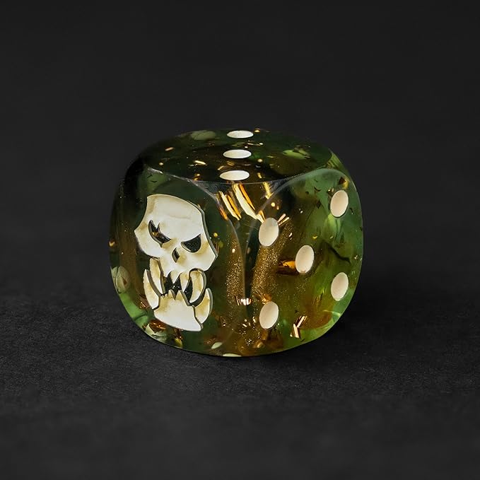 Orc D6 Dice Set – 10 x 16mm Resin Dice with Savage Skull Emblem | Dark Green Wargaming Dice for RPG & Tabletop Battles