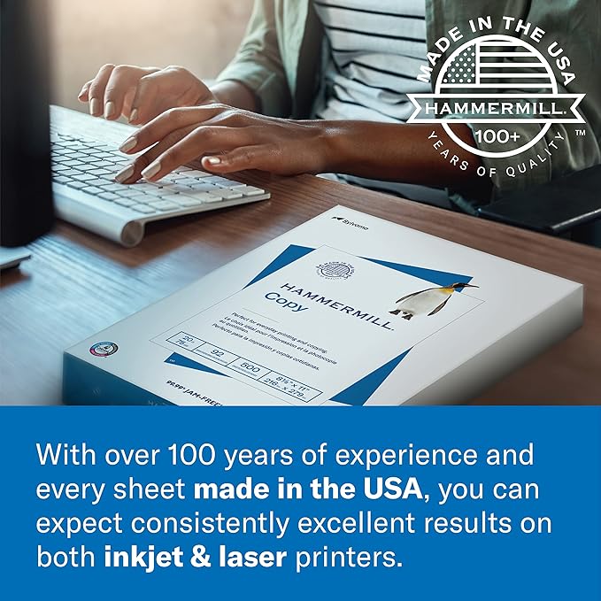 Hammermill Printer Paper, 20 lb Copy Paper, 3 Hole - 10 Ream (5,000 Sheets) - 92 Bright, Made in the USA, 105031C