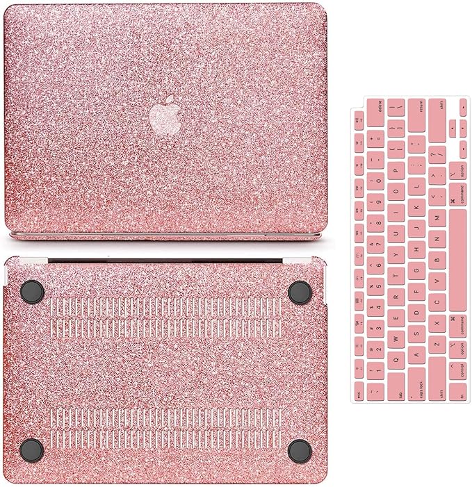Compatible with MacBook Air 13 inch Case 2021 2020 2019 2018 M1 A2337 A2179 A1932 Touch ID, Glitter Smooth Leather Hard Shell + Keyboard Cover for MacBook Air 13.3 inch Case, Shining Rose Gold