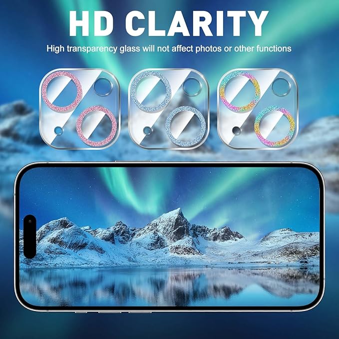 LucBuy 3PCS Sparkling Camera Lens Protector for iPhone 16/iPhone 16 Plus, Full Clear Acrylic Cover with Shiny Colorful Glitter Designed Decoration Back Camera Protector