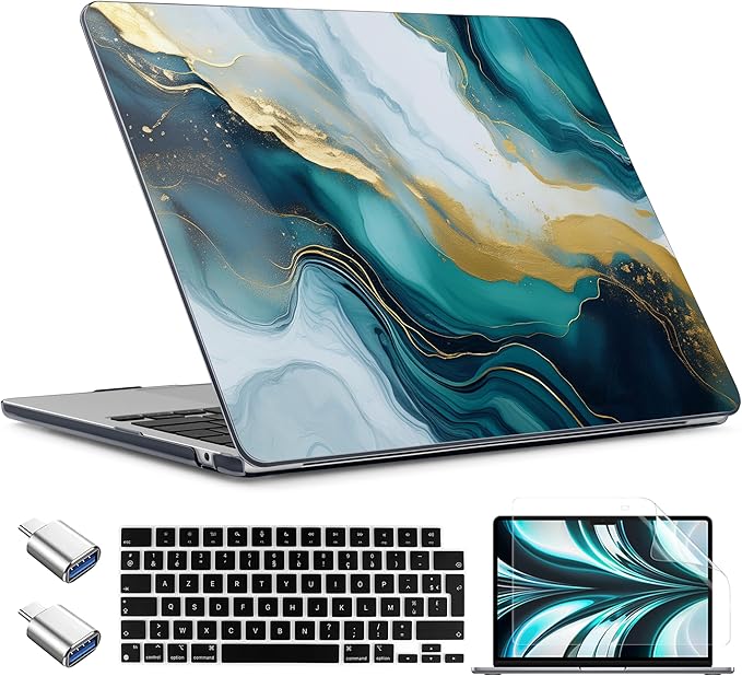 TWOLSKOO Compatible with M4 MacBook Air 15 inch Case 2025-2023 Released Model M4 A3241 M3 A3114 M2 A2941, Plastic Hard Shell & Screen Protector & Keyboard Cover & Type C Adapter, Graphite Marble