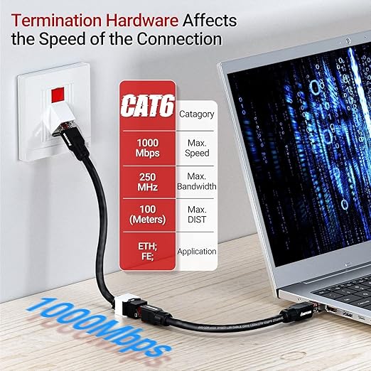 AMPCOM CAT6 RJ45 Keystone Jack - Reusable UTP Ethernet Wall Jack with Adjustable Ratchet Lock Design, No Tool and Zip Tie Required - 50u Gold Plated - Black (2-Pack)