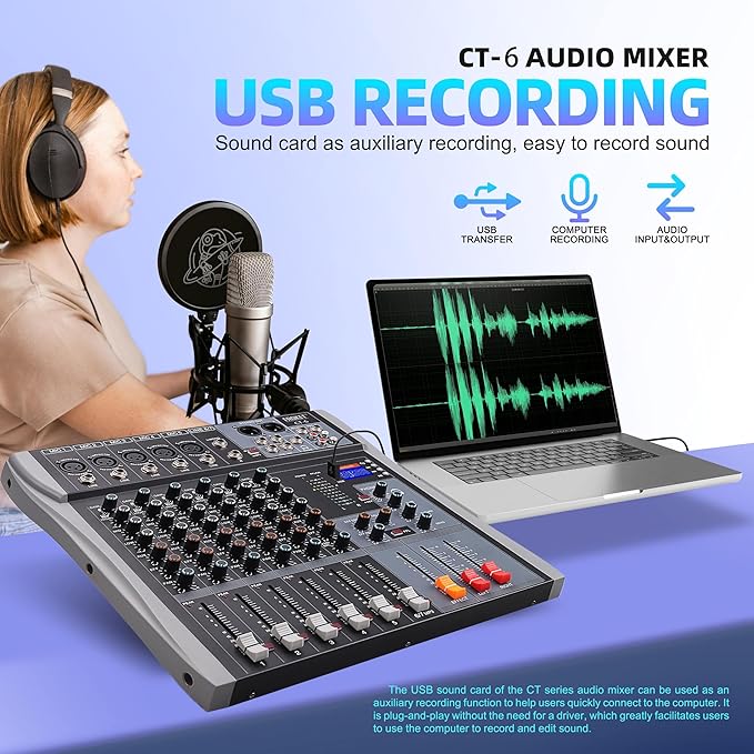 Professional Audio Mixer Sound Board 6 Channel Audio Desk System Interface Digital DJ Console with Bluetooth USB Sound Audio Mixing Console for Karaoke Studio Party Recording Broadcast (CT-6)