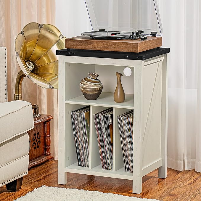 Record Player Stand with Vinyl Record Storage,White Record Player Table Holds up to 160 Albums,Large Wood Turntable Stand Cabinet Dispaly Shelf for Living Room,Bedroom,Office