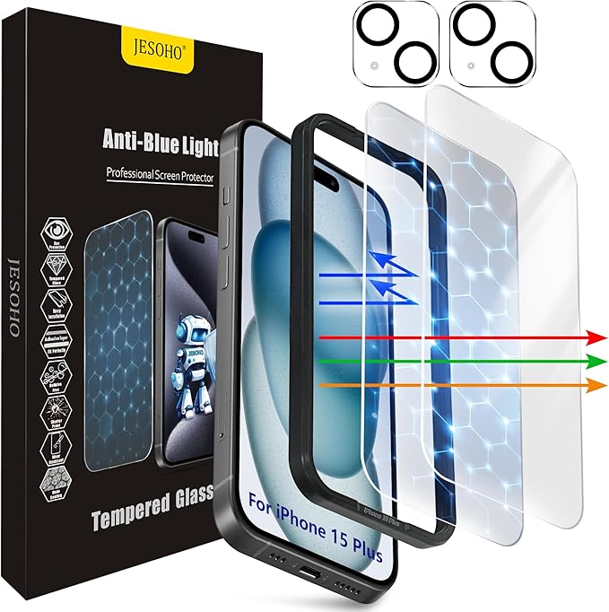 Screen Protector for iPhone 15 Plus [6.7 Inch],2 pcs Colorless Anti-Blue Light Tempered Glass Films, HD Clear, 9H Hardness, No Bubbles, Case Friendly with 2 pcs Camera Lens Protector