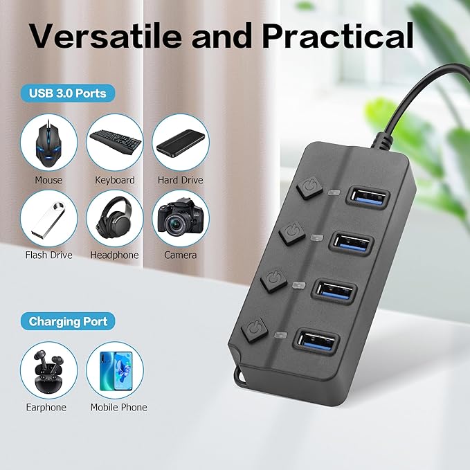 90 Degree USB Hub Splitter YACSEJAO USB 2.0 Data Hub with Individual LED Button On/Off Switch DC5.5 * 2.1 Power Port for Laptop,PC Computer (4 Ports, 0.3M)