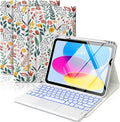 MoKo Touch Keyboard Case for iPad (A16) 11th Generation 11 inch 2025, iPad 10th Generation 10.9 inch Case with Pencil Holder, 7 Colors Backlit Multi-TrackPad Detachable Bluetooth Keyboard, Flowers
