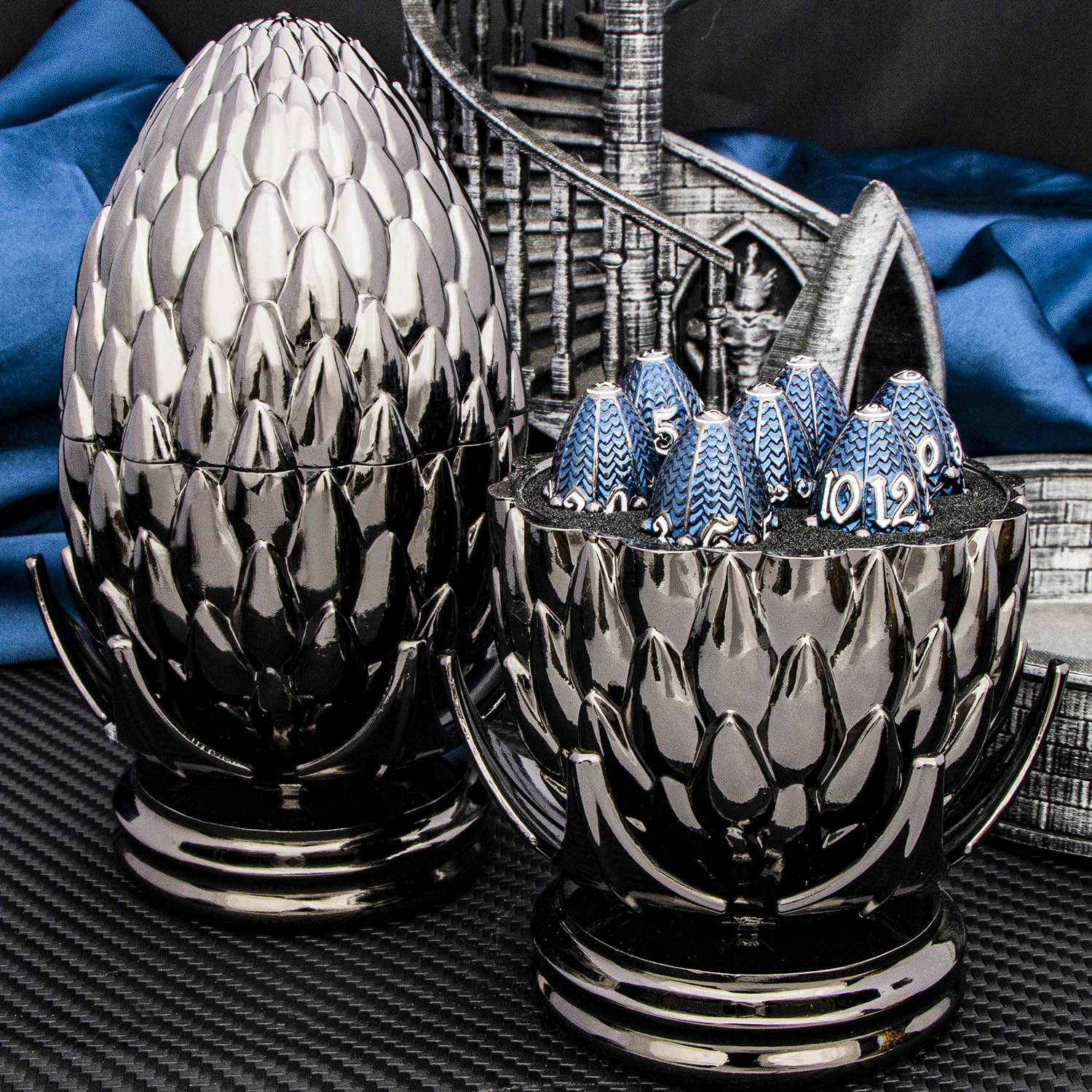 ARUOHHA DND Metal Dice Black Blue Dragons Egg Dice with Rotating Dragon Egg Shell, Compatible with D&D RPG Role Playing Game, Dungeons Polyhedral D and D Dice Set D20 D12 D10 D8 D6 D4