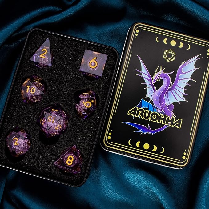 ARUOHHA DND Liquid Core Dice, 7pcs Resin Sharp Edged Dice Set RPG Translucent Polyhedral D and D Dice, Role Playing Dice Set D20 D12 D10 D8 D6 D4 with Gift Box