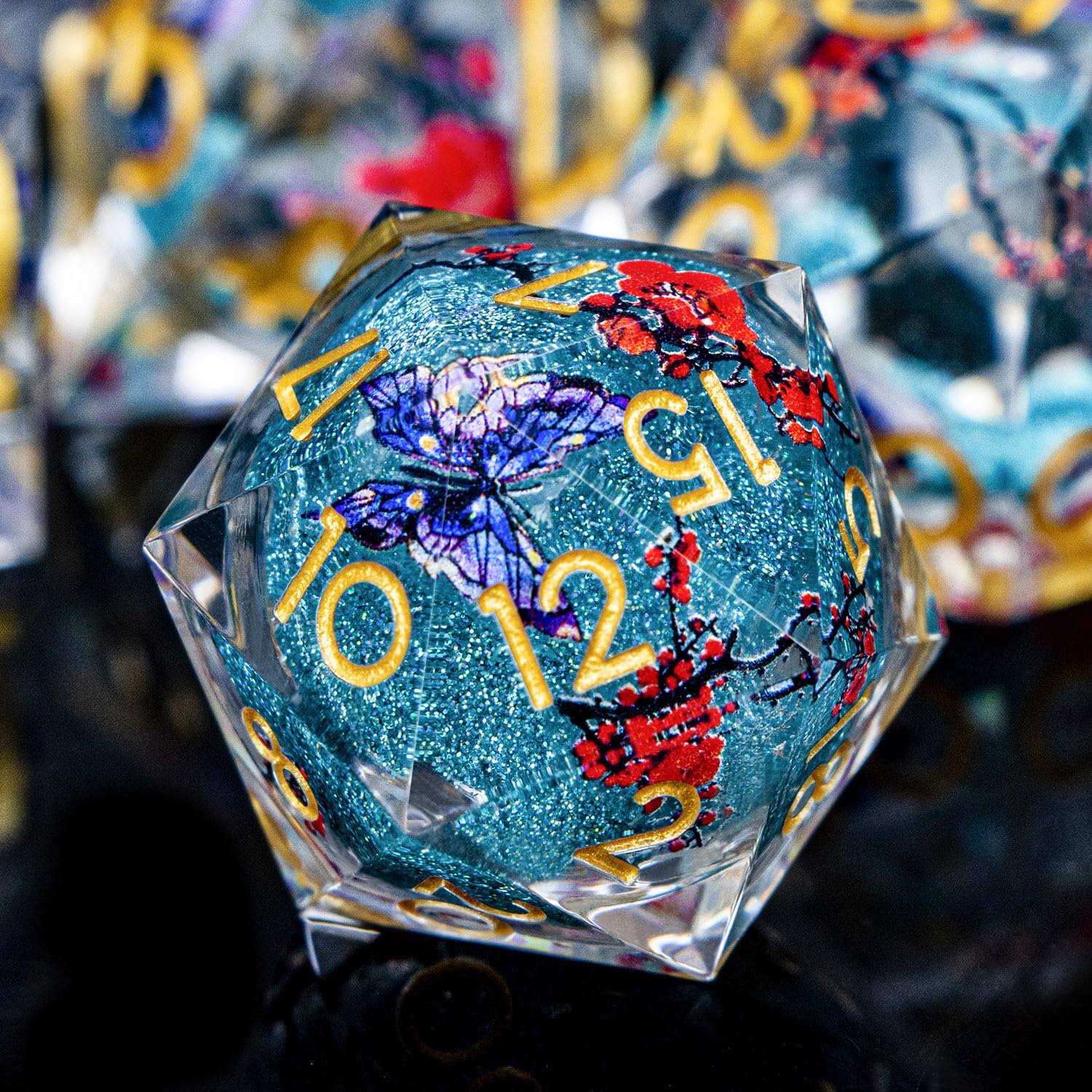 ORIFANTOU Butterfly DND Dice Blue Liquid Core Dice Set with Metal Box, Handmade Sharp Edge D and D Polyhedral Dice for use with D&D Role Playing Game, D20 D12 D10 D8 D6