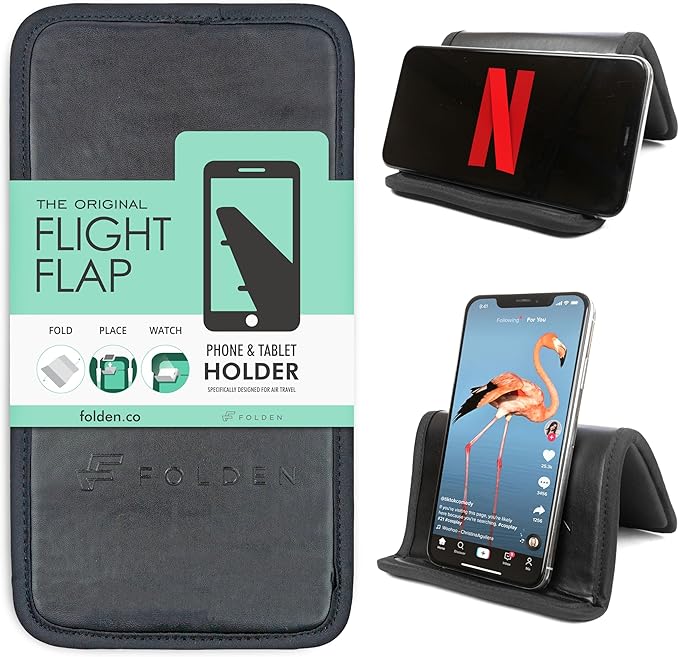 Folden Airplane Phone Holder, Foldable Cell Phone Stand Desk – Flexible Tablet Phone Holder for Bed, Desk, Office, Treadmill – Mobile Stand Phone Accessories, Plane Travel Essentials (Vegan Leather)