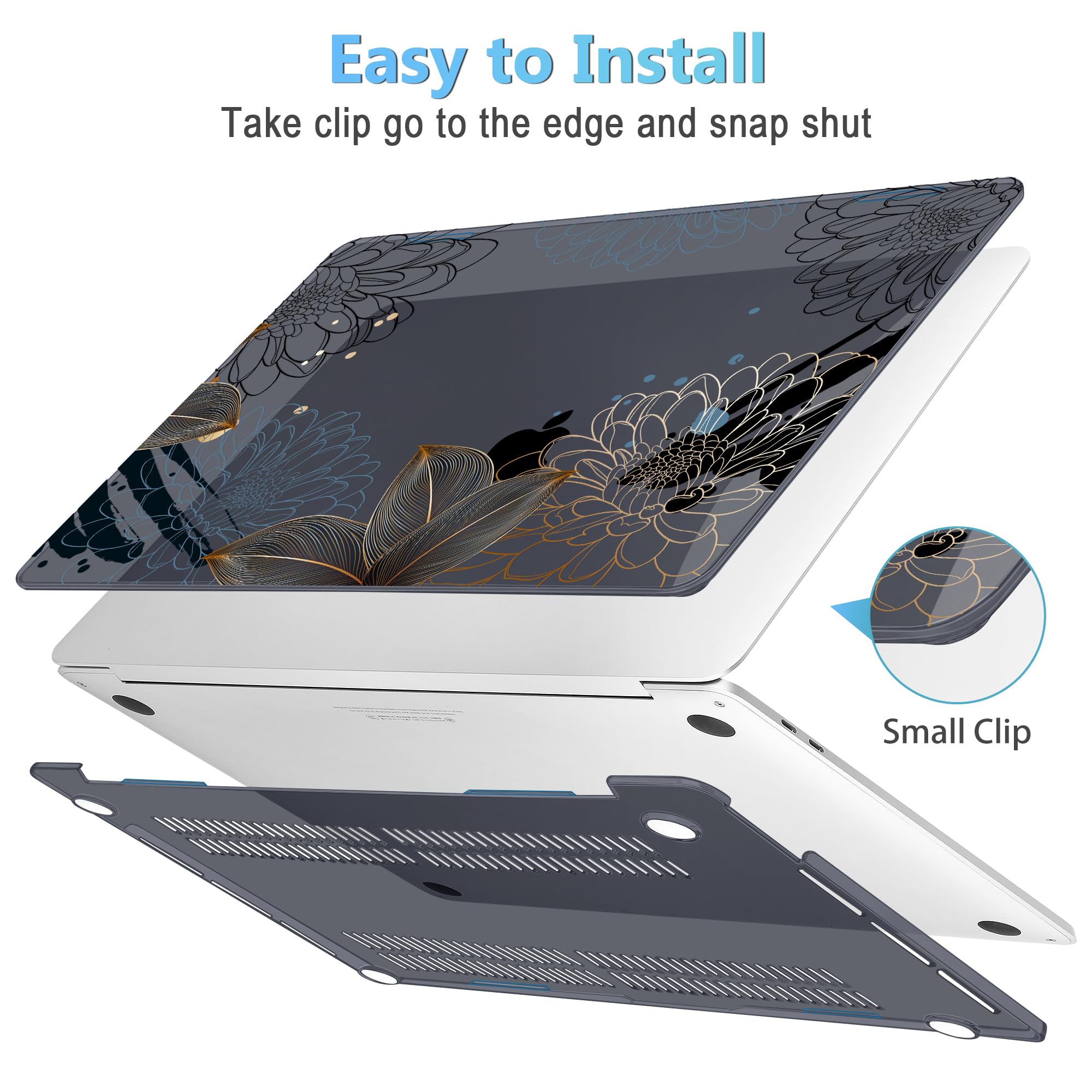 Mektron for MacBook Air 13 Case A1466/A1369 (2010-2017 Release), Snap-on Plastic Hard Shell Cover for MacBook Air 13.3 inch with Keyboard Cover, Line Chrysanthemums