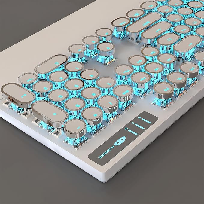 MageGee Typewriter Mechanical Gaming Keyboard, Retro Punk White Round Keycaps, 104 Keys LED Blue Backlit Wired Keyboards for Laptop MAC PC Gamer, with Magnetic Wrist Rest, Blue Switch