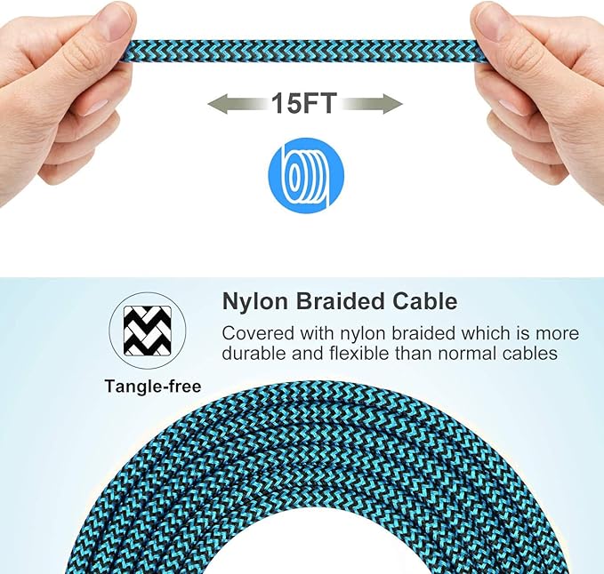 Micro USB Cable 15ft with 3A Fast Charging, Extra Long and Extremely Durable Nylon Braided Charger Cord for Galaxy S7/S6/J8/J7 Note 5,Kindle,LG,PS4,Camera,Xbox One and More (Red)