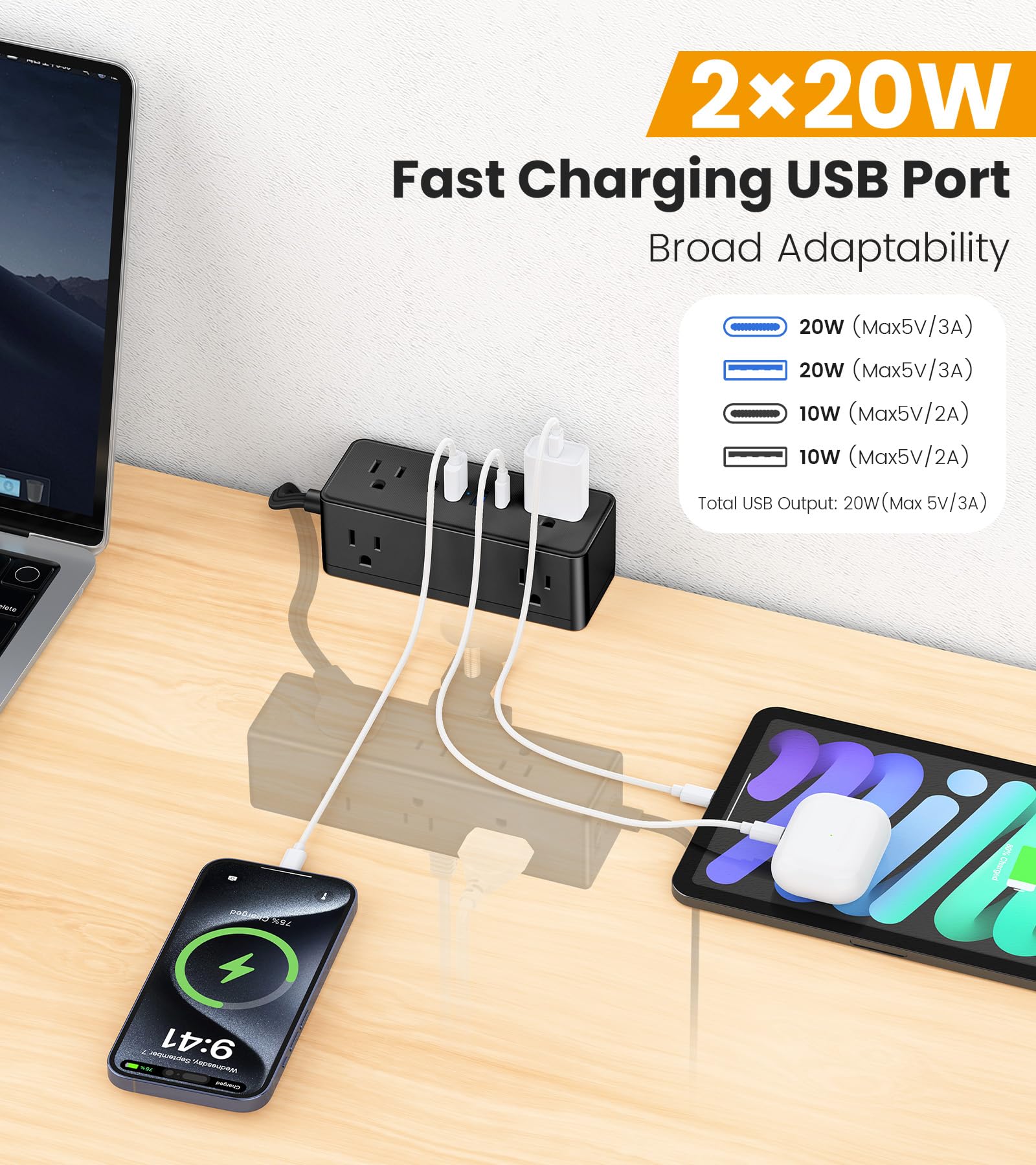 VILONG Dual Layer Desk Clamp Power Strip, 13 Outlets, 20W USB-C, 10FT Cord