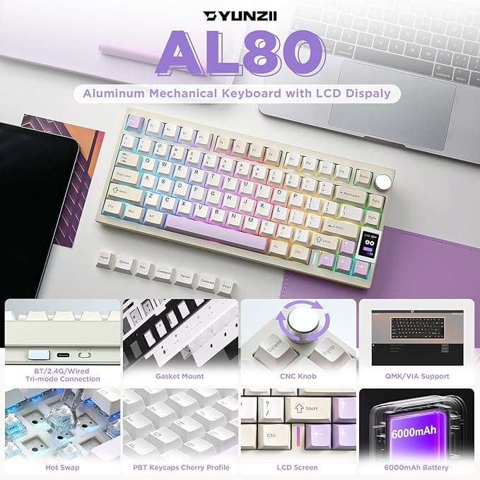 YUNZII AL80 Wireless Mechanical Keyboard,Full Aluminum CNC, Smart LCD Display,Hot Swappable Gasket Mount 75% Layout with Knob,BT/2.4G/USB-C,QMK/VIA Support for Win/Mac (Beige, Cocoa Cream V2 Switch)