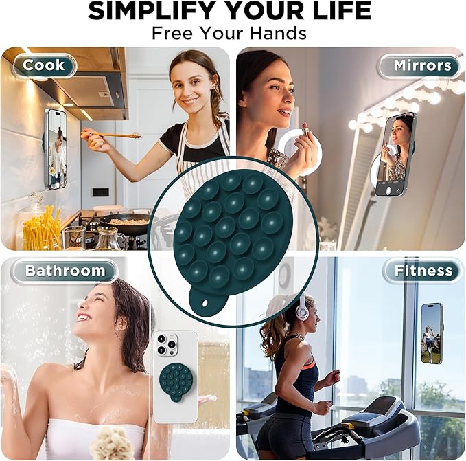 Magnetic Suction Cup Phone Mount for MagSafe Case, Silicone Hands-Free Phone Grip Holder for iPhone and Android, Mirror Shower Phone Stand for Makeup FaceTime Gym Kitchen Bathroom, Dark Green